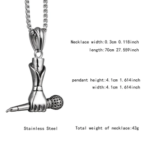 Detailed size chart of a hip hop mic pendant necklace with stainless steel measurements