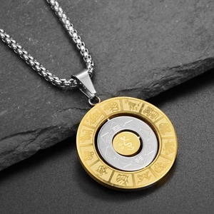 Macro detail of rotating zodiac pendant with bicolor steel finish on rock texture background