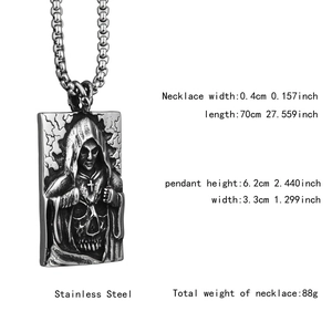 Detailed dimensions of the gothic reaper square pendant with stainless steel chain specs
