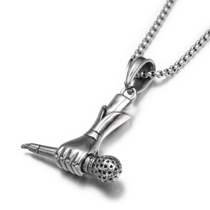 Hip hop style hand holding microphone pendant necklace in vintage stainless steel finish