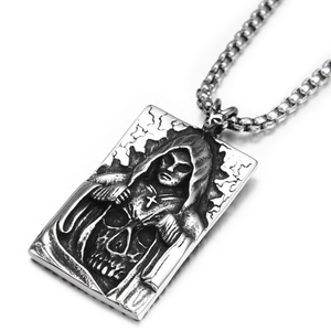Vintage Stainless Steel Grim Reaper Skull Pendant Necklace Gothic Punk Rock Square Plate Pendant Hip Hop Jewelry For Men Women