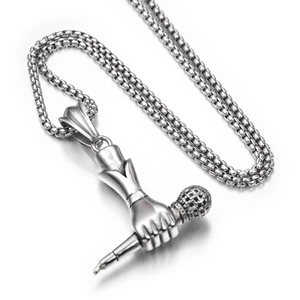 Hip hop silver stainless steel necklace featuring a hand holding microphone pendant