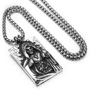 Gothic punk grim reaper skull pendant necklace in silver stainless steel finish
