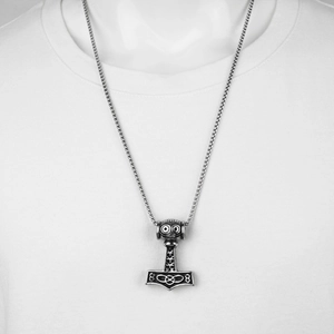 Viking Thor’s Hammer Mjölnir pendant necklace with vintage relief and steel square chain