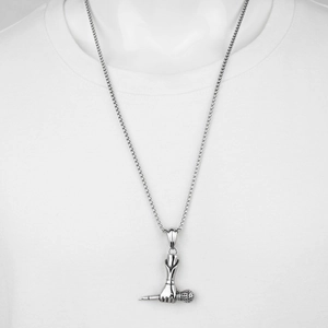 Hip hop silver stainless steel necklace featuring a hand holding microphone pendant