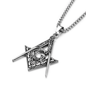 Retro Stainless Steel Freemasonry Pendant Necklace For Men Women Hiphop Rock Carved Square Compass Letter G Charm Jewelry Gift