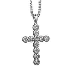Hip Hop Silber Edelstahl Kreuz Anhänger Kette mit vollem Kristallbesatz und Boxkette