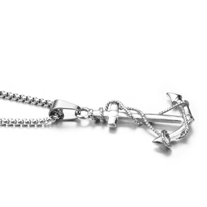 Silver nautical anchor pendant necklace with rope detail and durable box chain for men