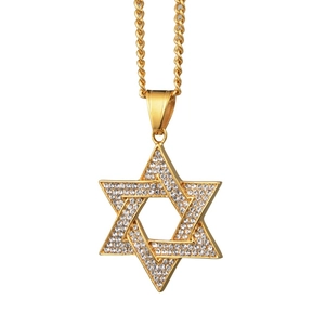 Collier pendentif étoile de David doré avec cristaux brillants style hip hop pour tous