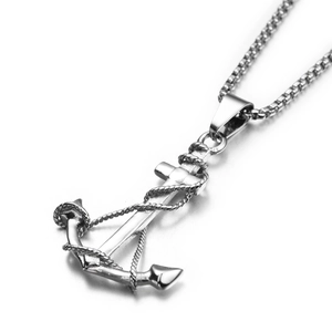 Hip hop silver stainless steel anchor pendant necklace with rope detail and box chain