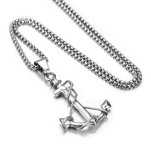 Hiphop silver titanium steel anchor pendant necklace with rope detail on link chain