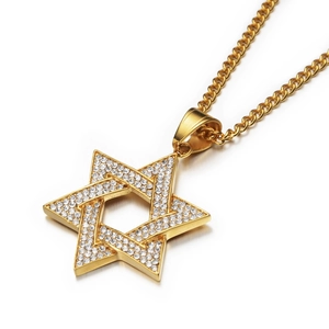 Collier avec pendentif hexagramme doré et cristaux brillants style hip hop urbain