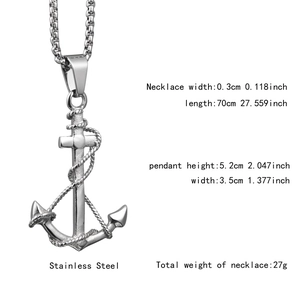 Detail view of silver stainless steel anchor pendant with rope and heavy metal chain