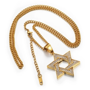 Collier Pendentif Étoile de David en Acier Titane Hip Hop Plqué Or Strass Hexagramme Bijoux pour Hommes Femmes