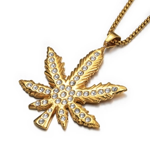Hiphop Stainless Steel Rhinestone Encrusted Leaf Pendant Necklace Gold Plated Box Chain For Men Women Nightclub Bar Jewelry