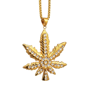 Hiphop maple leaf pendant necklace in gold finish with sparkling white zircon stones