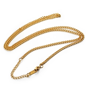Close-up of gold lobster clasp and extension chain with K14 engraving on small tag