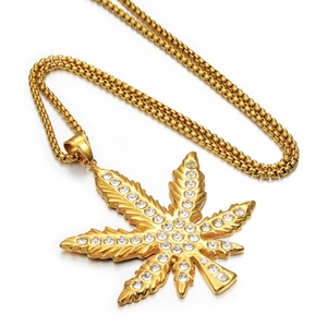 Hip-hop gold maple leaf pendant necklace with glittering iced out cubic zirconia stones