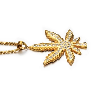 Hip-hop style golden maple leaf pendant necklace with crystals on a box chain for men and women