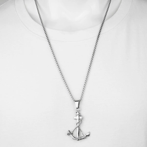 Hip hop anchor cross pendant necklace with nautical rope detail on a square box chain