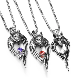 Collana con Pendente a Testa di Lupo in Acciaio Inossidabile Vintage per Uomo Donna Gioielli Strass Gothic Punk Rock Hip Hop