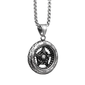 Hip-hop style stainless steel bead chain necklace with roman numeral wheel star pendant
