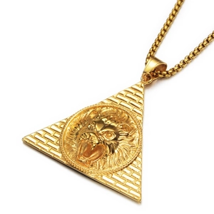 Collier Pendentif Tête de Lion Hip Hop en Acier Inoxydable Plaqué Or Pyramide Triangle Style Street Punk Bijoux Unisexe