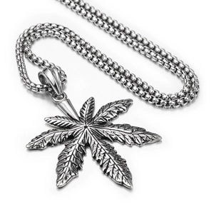 Hip-hop style stainless steel maple leaf pendant necklace with vintage textured finish