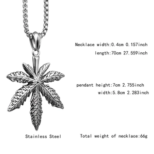 Detailed view of large maple leaf pendant with dimensions and stainless steel pearl chain