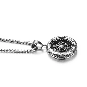 Vintage roman numeral wheel pendant necklace in antique silver finish for men and women