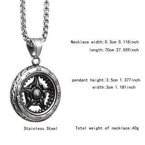 Detailed view of stainless steel tire pendant necklace with Roman numerals and star cutout