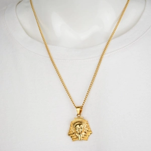 Hip hop street style gold Pharaoh mask pendant necklace with Cuban chain on mannequin