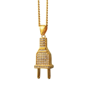 Hip hop gold electric plug pendant necklace with iced out crystals and rope chain