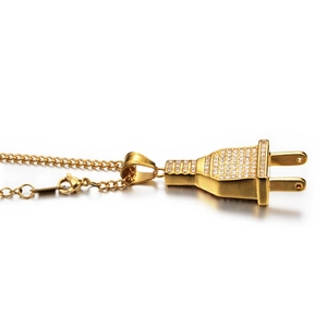 Hip hop style gold plated plug pendant necklace with micro paved rhinestones for unisex