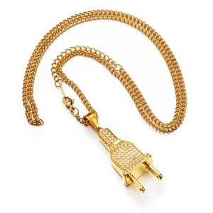 Hip hop style gold-plated plug pendant necklace with sparkling micro-pave crystals