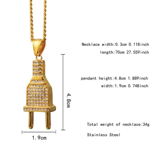 Detailed dimensions of iced-out gold plug pendant on a 70cm stainless steel rope chain