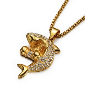 Collana con Pendente a Forma di Squalo Hip Hop Placcata in Oro Acciaio Inossidabile Strass Gioielli Animali Discoteca Festa