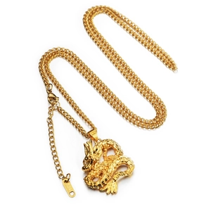 Hip hop style gold dragon pendant necklace with K14 finish on a chunky metal link chain