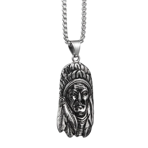 Collier pendentif chef indien vintage en acier oxydé avec chaîne à perles