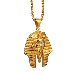Collier hip hop avec pendentif Pharaon égyptien doré, yeux en strass et chaîne vénitienne