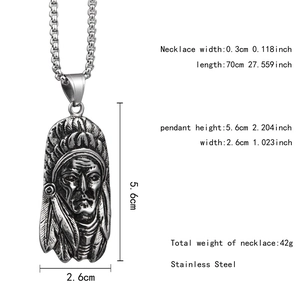 Détails du pendentif chef indien en acier inoxydable avec dimensions et chaîne box
