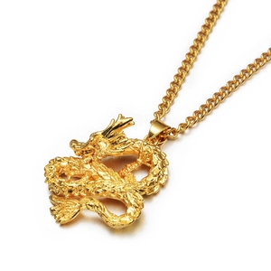 Hip Hop Chinese Dragon Pendant Necklace Gold Plated Copper Relief Carving Streetwear Jewelry For Men Women Unisex Gift