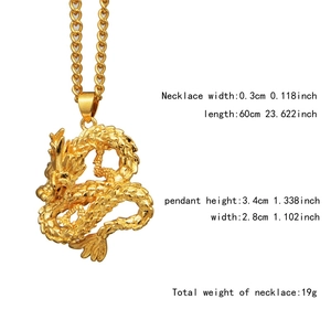 Detail view of golden dragon pendant with 0.3cm width chain showing precise dimensions
