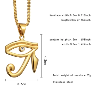 Detail specifications of stainless steel Eye of Horus pendant with dimensions and weight