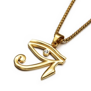 Hip Hop Stainless Steel Eye Of Horus Pendant Necklace Gold Plated Egyptian Style Rhinestone Inlaid Punk Street Jewelry For Men Women
