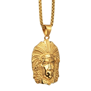 Hip hop style gold-plated Indian chief pendant necklace with detailed box chain