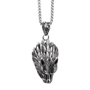 Gothic wolf head pendant necklace in antique silver finish with spiky texture on square chain
