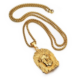 Hip hop style gold-plated stainless steel necklace with a detailed Indian head pendant