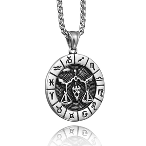 Collier médaillon zodiaque vintage avec signe Balance et chaîne en acier inoxydable argenté