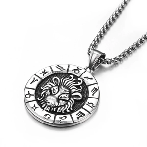Collier hip-hop en acier inoxydable avec pendentif lion vintage et signes du zodiaque